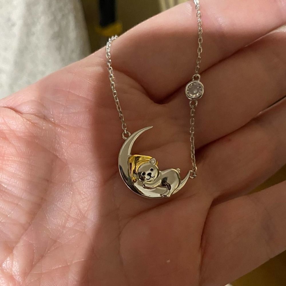 Two- Tone Sterling Silver Sleepy Time Bear On Moon Necklace